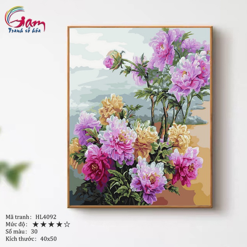 Tranh tô màu theo số hoa mẫu đơn có sẵn đã căng khung 40x50cm HL4092