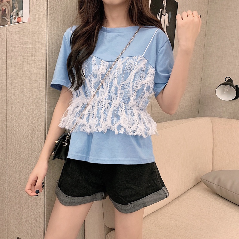 SUXI Áo Thun Nữ Ngắn Tay Phối Ren Thời Trang