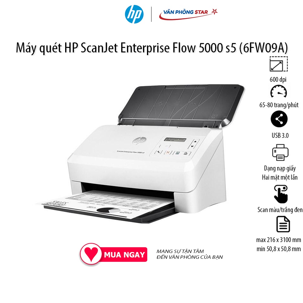 Máy quét HP ScanJet Enterprise Flow 5000 s5 (6FW09A) tốc độ 60 - 85 trang/phút độ phân giải 600 dpi Scan 2 mặt