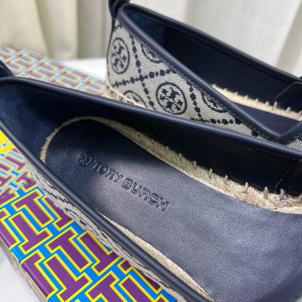 Giày đế cói nữ da thật thời trang cao cấp Tory Burch TB thiết kế thêu họa tiết logo