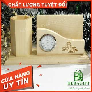 [KHẮC THEO YÊU CẦU] Đế cắm bút bằng gỗ có Đồng hồ và khay Namecard