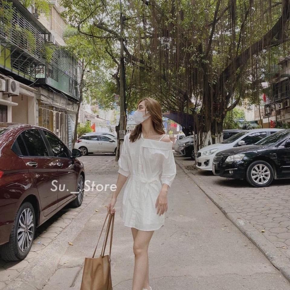 🌼Váy sơ mi lệch vai nữ trắng [FEESHIP] 🌼JOLIE🌼 Đầm sơ mi nữ buộc eo so hot 🌼