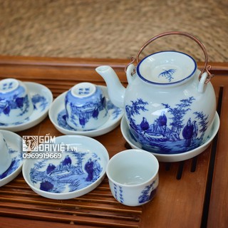 Bộ ấm trà uống nước men lam cổ Trúc Lâm thất hiền vung lõm