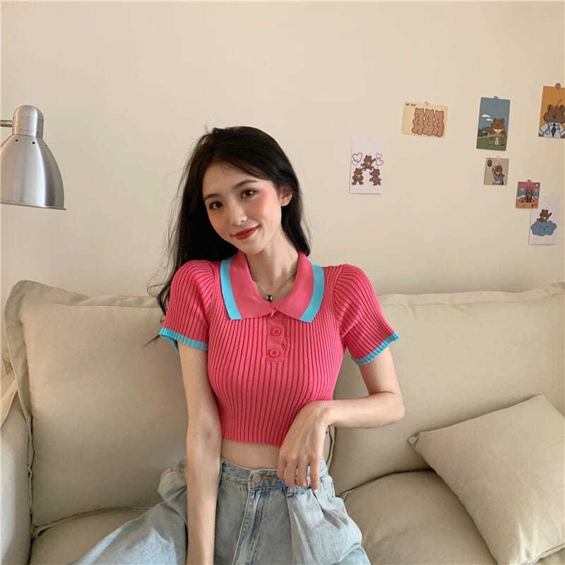 Jiashucheng Áo Thun POLO Dệt Kim Ngắn Tay Ôm Dáng Màu Tương Phản Phong Cách Mới Cho Nữ
