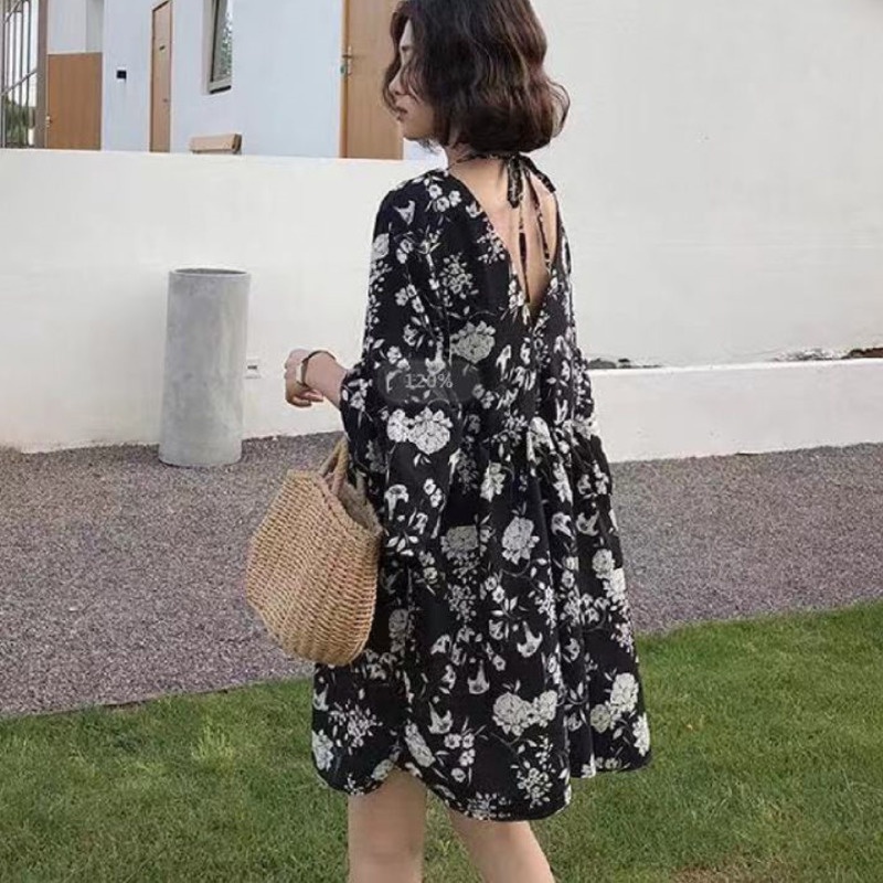 Đầm Hoa Ngắn Tay Cổ Chữ v Thời Trang Retro Hàn Quốc