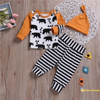 Set áo thun tay dài hình gấu + quần dài kẻ sọc cho bé