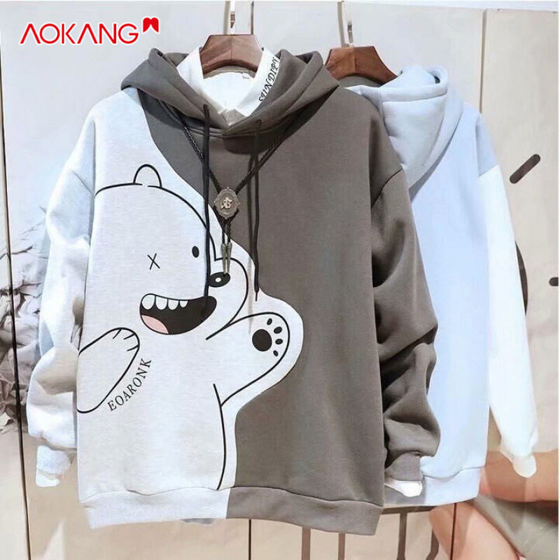 Áo hoodie thể thao AOKANG mềm mại thoải mái in họa tiết gấu hoạt hình phong cách thời trang Hàn Quốc cho nam