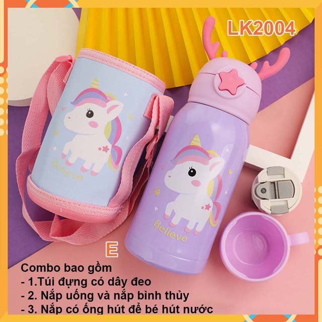 Bình nước giữ nhiệt hình pony-giữ nhiệt-inox 304- tặng kèm túi đeo và nắp uống nước- mua 1 được 4