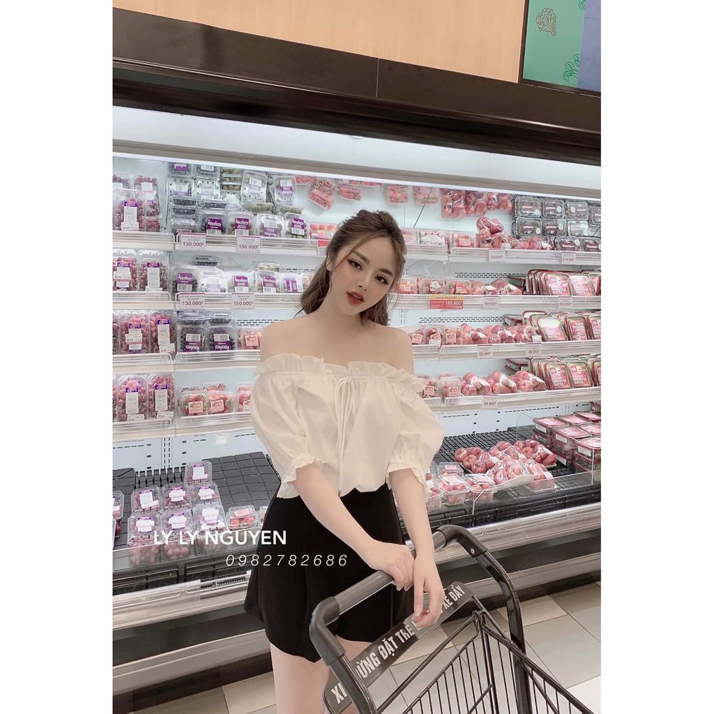 SET ÁO TRỄ VAI BÈO TRẮNG MIX QUẦN ĐÙI UMI ĐEN HOT