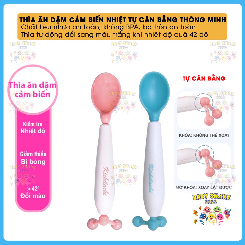 Thìa ăn dặm CẢM BIẾN NHIỆT xoay 360 độ Kichilachi Chính Hãng an toàn cho bé