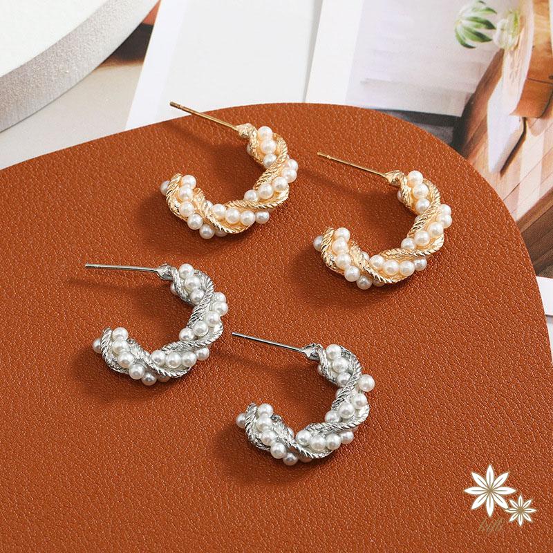 【kifli】Khuyên tai nữ hình chữ C đính ngọc trai thời trang