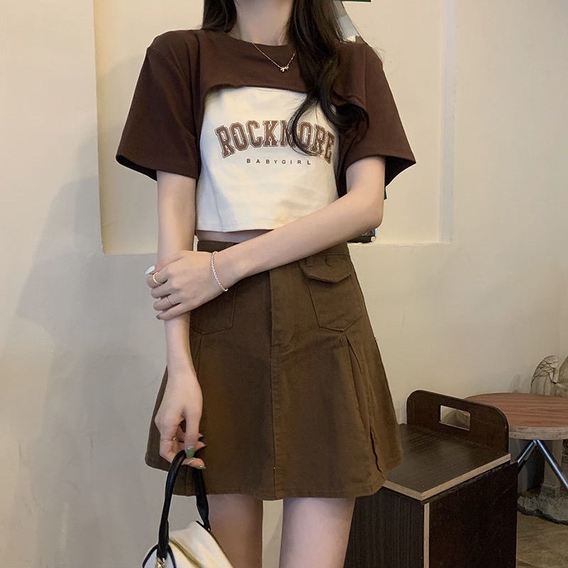 Set áo hai dây in chữ kèm áo croptop khoét cổ tròn ngắn tay - Mã: 780 TV-FASHION