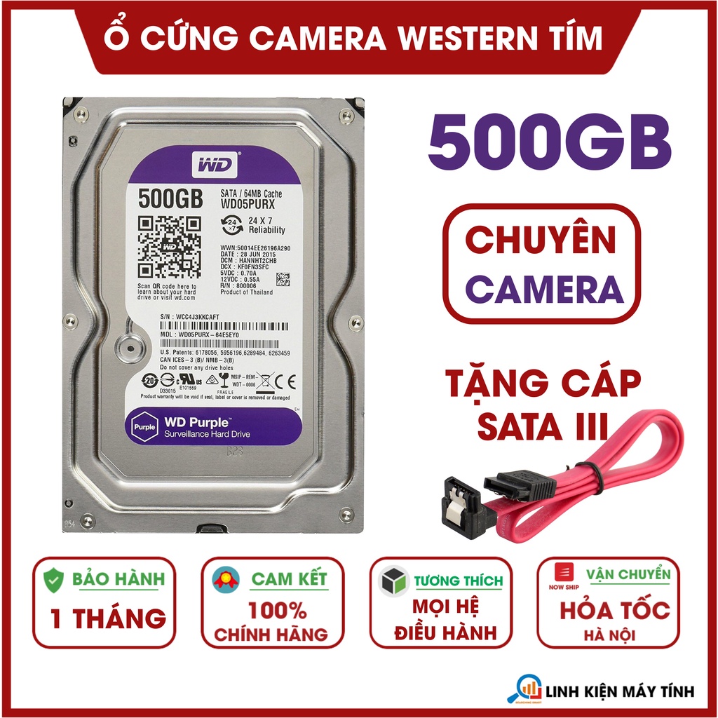 Ổ cứng Camera HDD 500GB WD Purple - Mới 99% - Tặng cáp sata 3 - Bảo hành 1 tháng