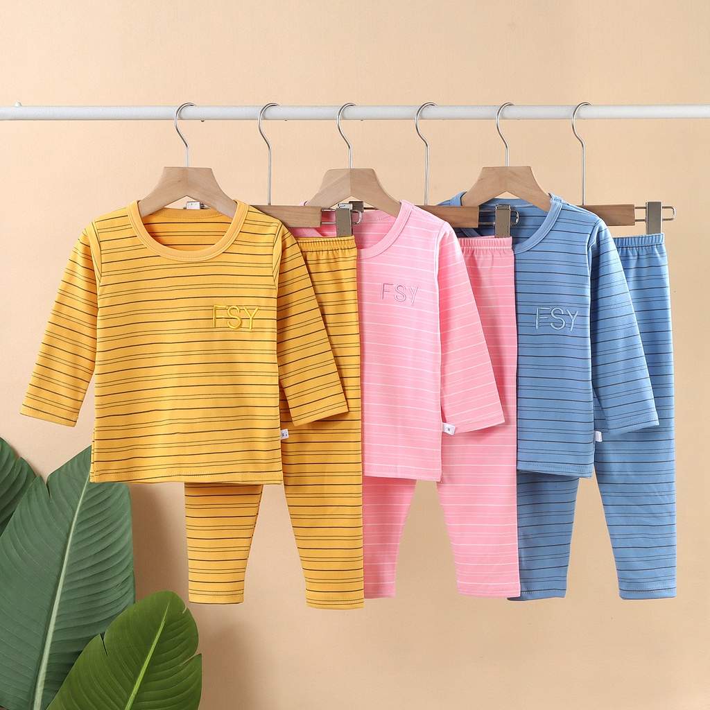 Bộ Đồ Ngủ Áo Thun Tay Dài + Quần Dài Bằng Vải Nhung Màu Trơn Họa Tiết Kẻ Sọc Đức Giữ Ấm Dành Cho Trẻ Em