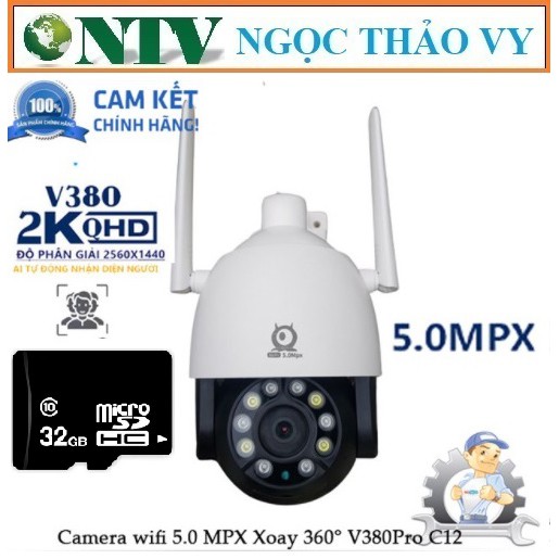 CAMERA IP WIFI NGOÀI TRỜI CHỐNG NƯỚC V380 Pro C12 5.0 Mpx, Xoay 360 độ, theo dõi chuyển động, ban đêm có màu khi bật Led