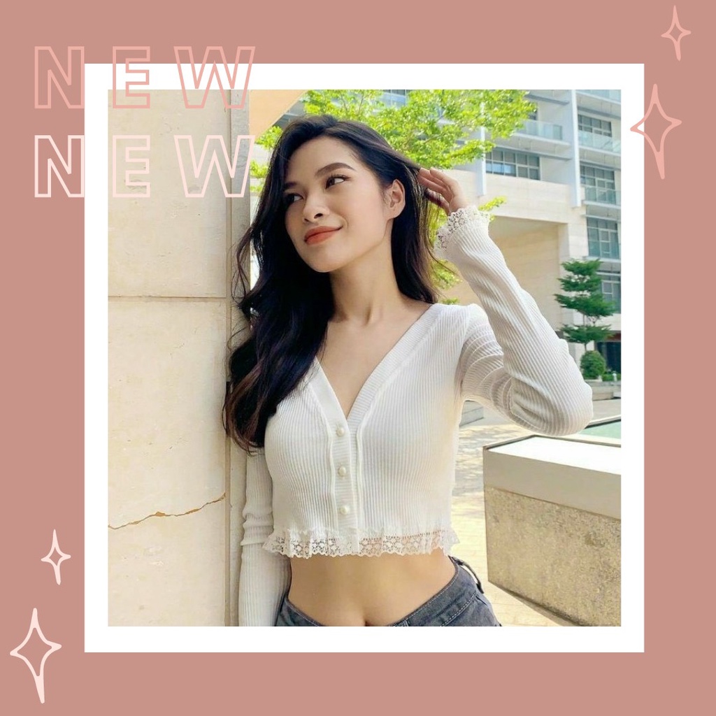 Croptop tay dài, phối viền ren, áo thun croptop sơmi khoác body freesize CT47