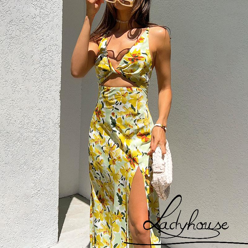 Ld- Đầm khoét cổ chữ v Hở Lưng In Họa Tiết Hoa Màu Vàng S/ M/ L/ XL Cho Nữ