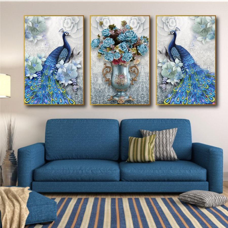 Tranh treo tường canvas đôi chim công hoàng kim decor trang trí phòng khách, phòng ngủ có khung cao cấp tặng đinh 3 chân