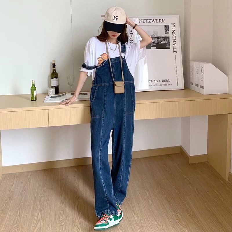 Quần Yếm Denim Màu Xanh Đậm Dáng Rộng Thời Trang Cho Nữ