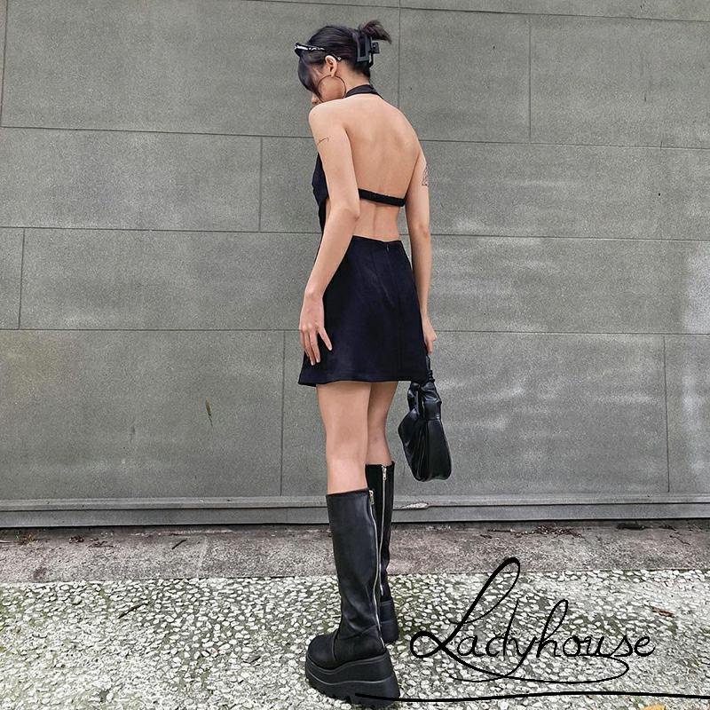 Đầm Mini Hai Dây Hở Lưng Màu Trơn Thời Trang Mùa Hè Cho Nữ