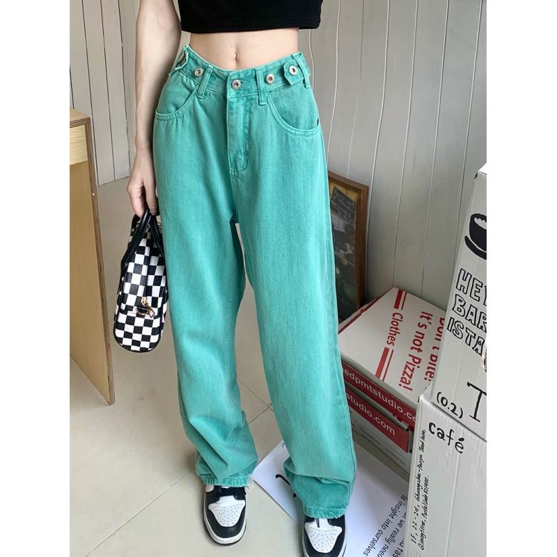▲Quần Jean Ống Rộng Lưng Cao Màu Xanh Lá Phong Cách Mỹ Cổ Điển Thời Trang Mùa Hè Hàng Mới Dành Cho Bạn Nữ