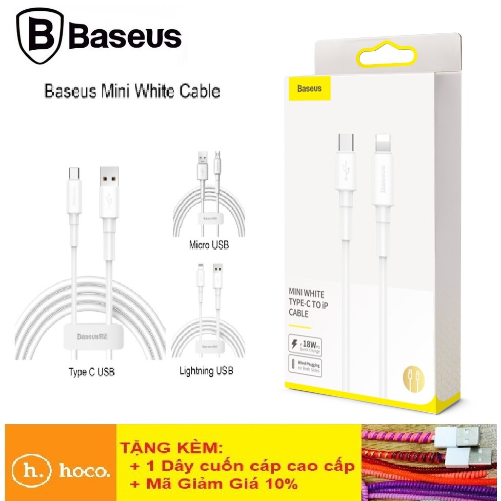 Dây Sạc Iphone Cáp Sạc Baseus Mini White Dài 1M Sạc Nhanh IP(2.4A)/Micro USB (2.4A)/Type C (3A) - Hỗ Trợ Truyền Dữ Liệu