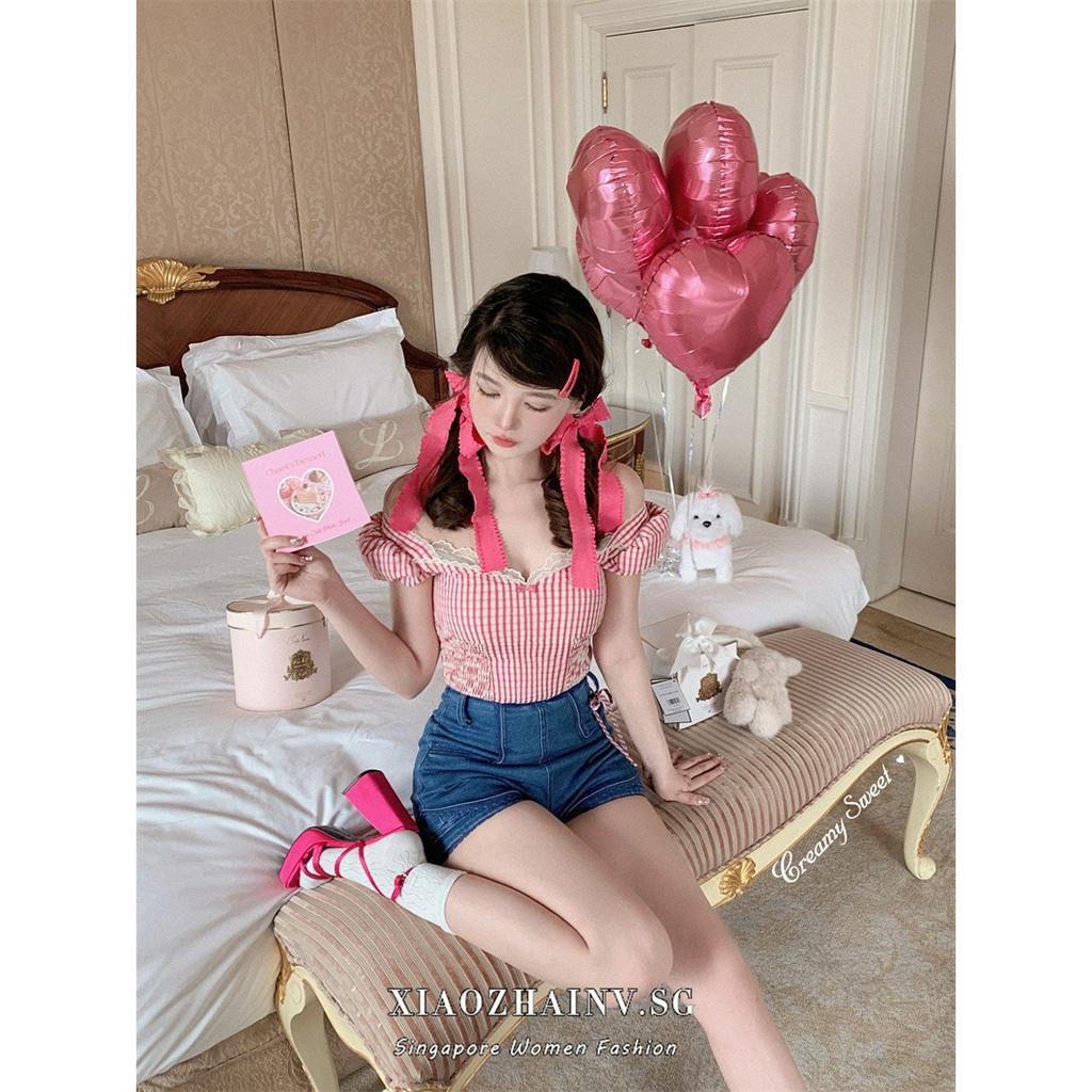 Áo Kiểu Tay Phồng Cổ Chữ V Phối Ren Dáng Ôm Sọc Ca Rô Thời Trang Pháp Xinh Xắn Cho Nữ