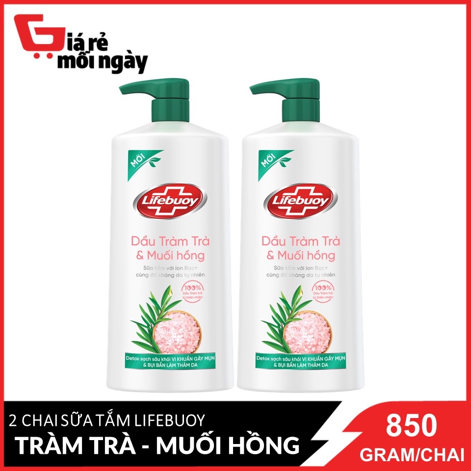 Combo 2 Chai Sữa tắm Lifebuoy Detox và Bảo vệ khỏi vi khuẩn: Dầu Tràm Trà &amp; Muối Hồng 850 Gram / Chai x2