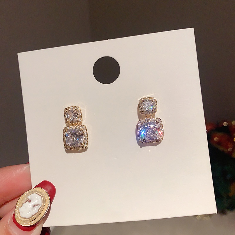 Bông tai bạc 925 hình vuông đính đá đơn giản thời trang cao cấp cho nữ