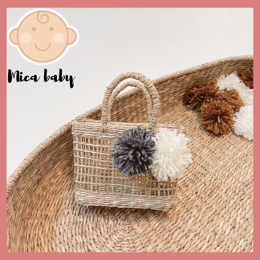 Túi cói, làn cói đính bông xinh xắn cho bé Mica baby TC05