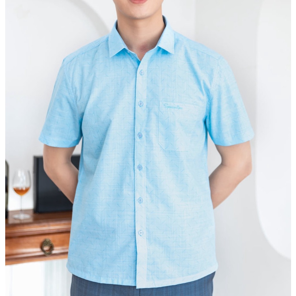 Áo Sơ Mi Nam Công Sở Trung Niên Anton Somianton Màu Xanh Ngọc Ngắn Tay Họa Tiết In Chìm Vải Cotton - GD560