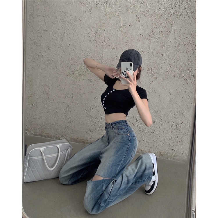 QKOOLE Quần jeans dài  lưng cao ống rộng thời trang Hàn Quốc dành cho nữ