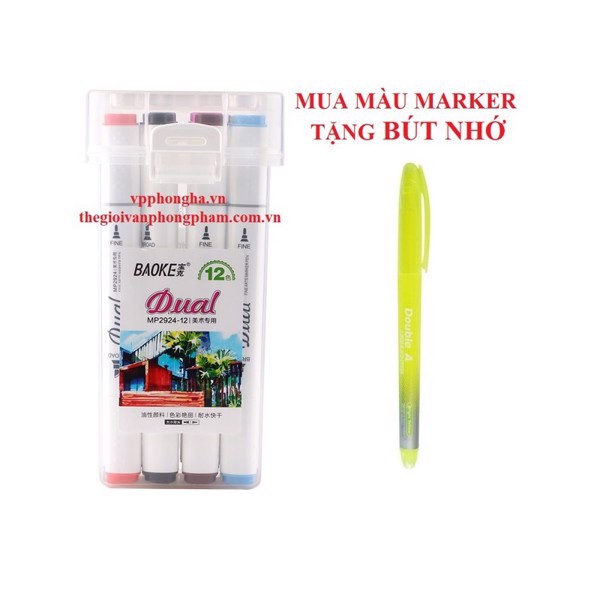 Bút màu Dual Marker 12 màu Baoke MP2924-12 (Tặng bút nhớ dòng)