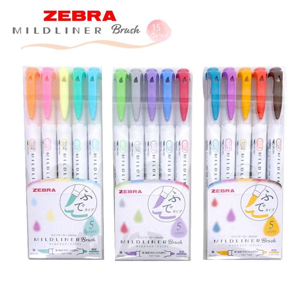 Set 5 Bút 2 Đầu Mildliner Brush Hiệu Zebra Nhật Bản Cây Đầu To