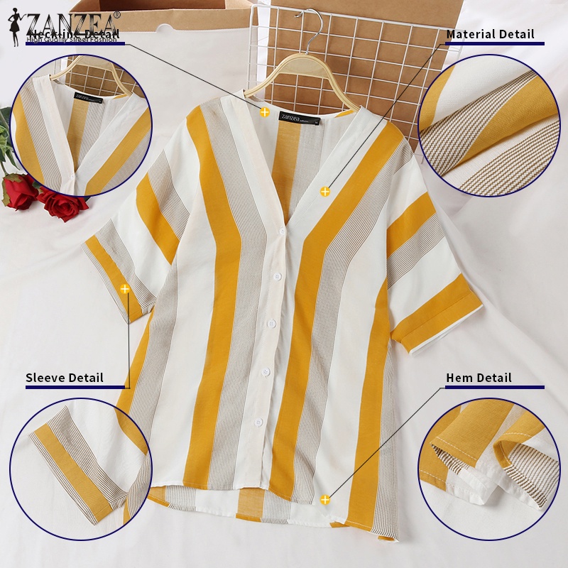 Áo sơ mi ZANZEA tay lửng cổ chữ V họa tiết sọc thời trang dành cho nữ