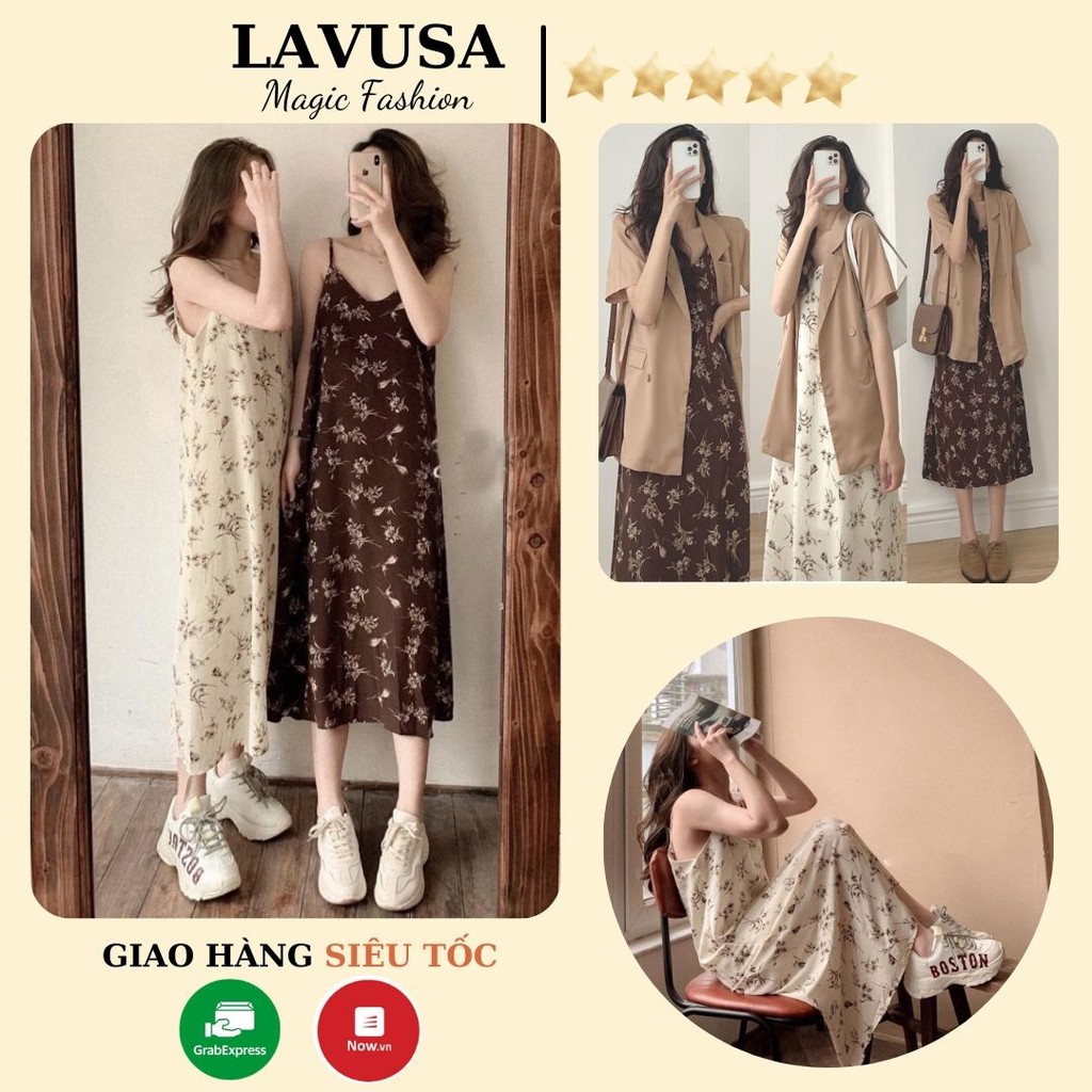 Đầm Dáng Suông Hai Dây Hoa Nhí Nâu, Trắng 🌺FREESHIP🌺 Váy 2 Dây Lụa Vintage LAVUSA