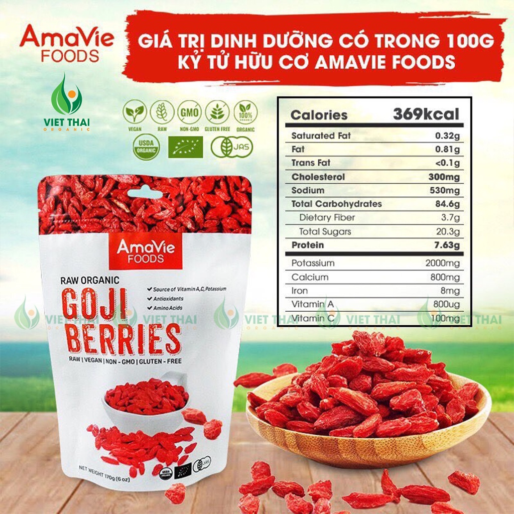 Kỷ Tử Hữu Cơ AMAVIE FOODS - Kỉ Tử sấy khô chua ngọt thực dưỡng - Uống trà - Dưỡng Nhan (GÓI 170g)