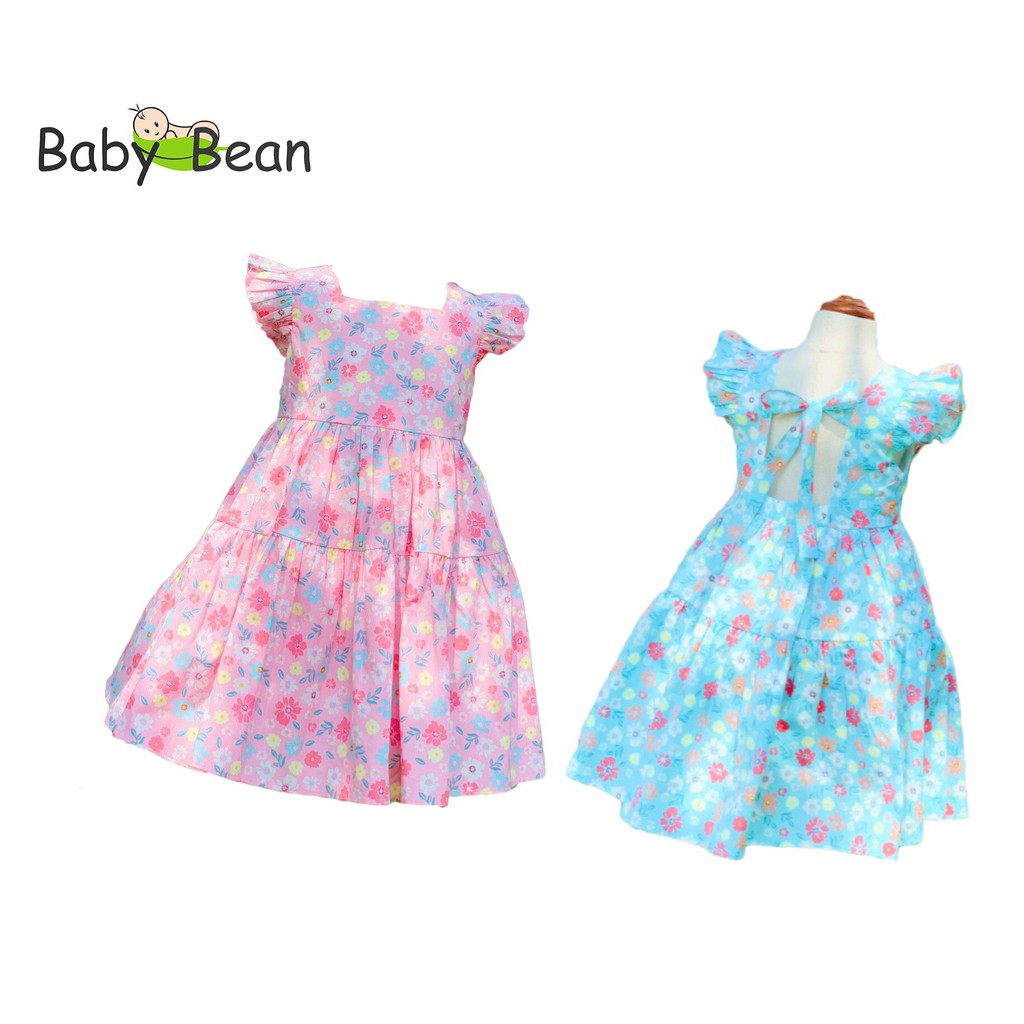 Đầm Cotton 3 Tầng Cổ Vuông Thắt Nơ Lưng Bé Gái BabyBean