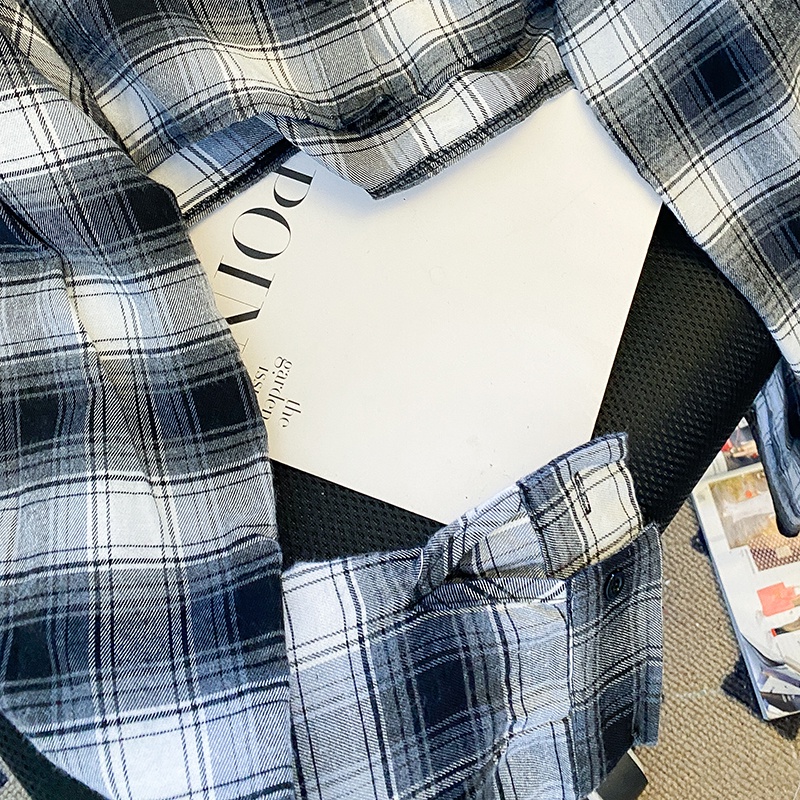 ZHELIHANGFEI Áo Sơ Mi Tay Dài Cổ Bẻ Lưng Cao Họa Tiết Sọc Caro Phong Cách Quyến Rũ