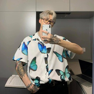 Áo sơ mi tay lỡ unisex in hình BƯỚM XANH BỰ