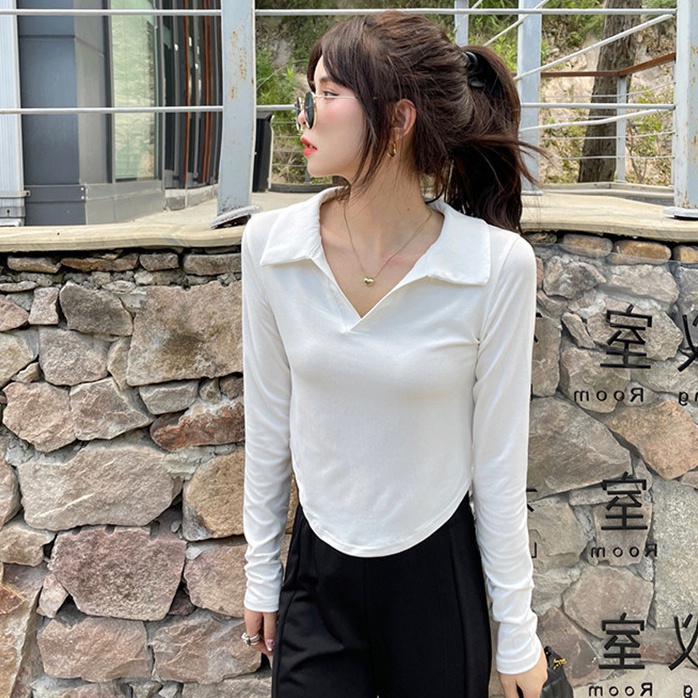 Áo thun Polo SUXI tay dài màu sắc đơn giản dễ phối đồ thời trang mùa thu cho nữ