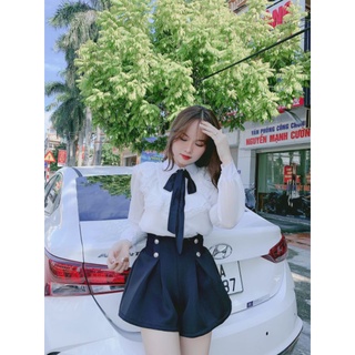 Áo sơ mi bèo ngực phối nơ đen