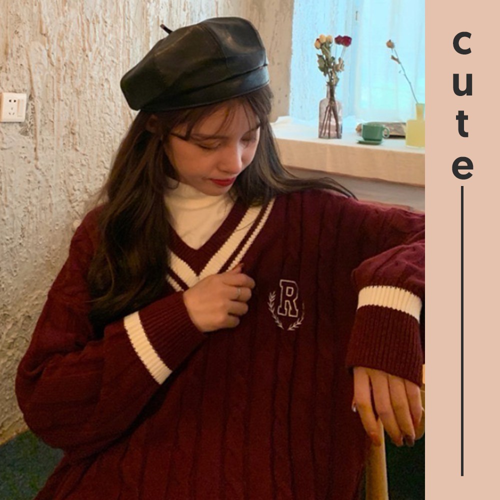 (SẴN) Áo len nữ cổ v tim tay dài form rộng màu đỏ đô Hàn Quốc mùa đông A00310 | BigBuy360 - bigbuy360.vn