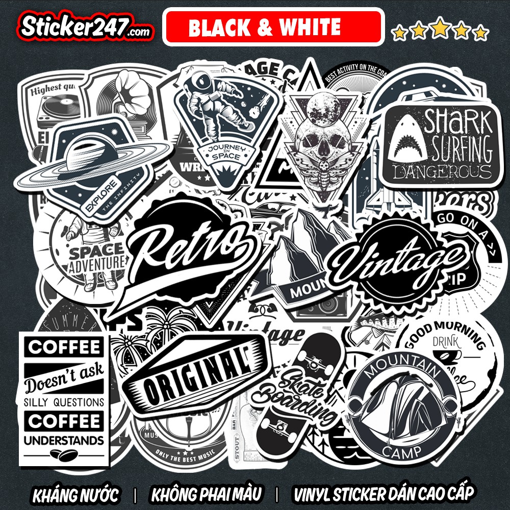 Sticker Trắng Đen Labels Retro 🌈Freeship chống nước, sticker dán laptop, điện thoại, đàn guitar, mũ bảo hiểm, vali, ipad