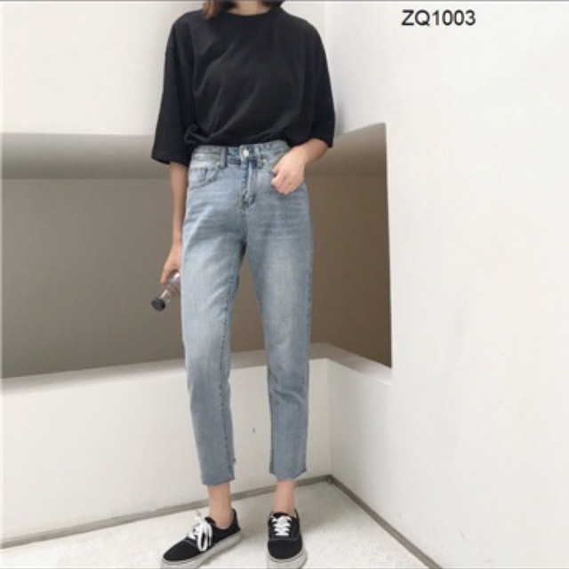 Quần bò ống suông/ quần jeans nữ baggy lưng cao Ulzzang Quảng Châu (Mom Jeans)