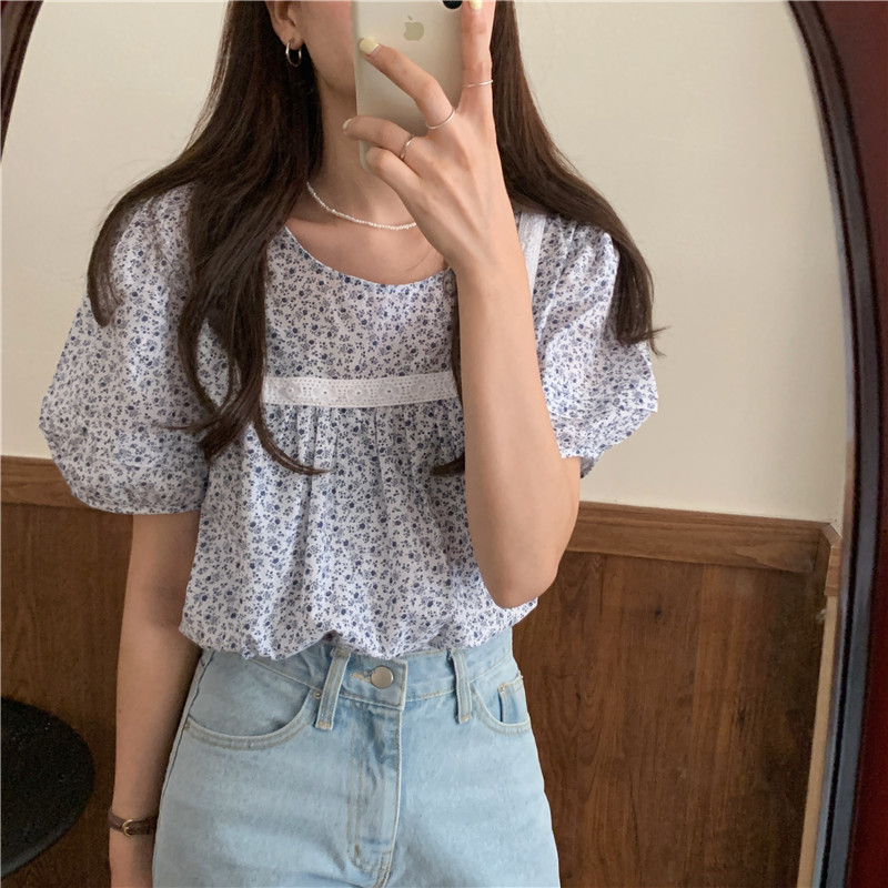 SUXI Áo Crop Top Nữ Tay Phồng Cổ Tròn Thời Trang