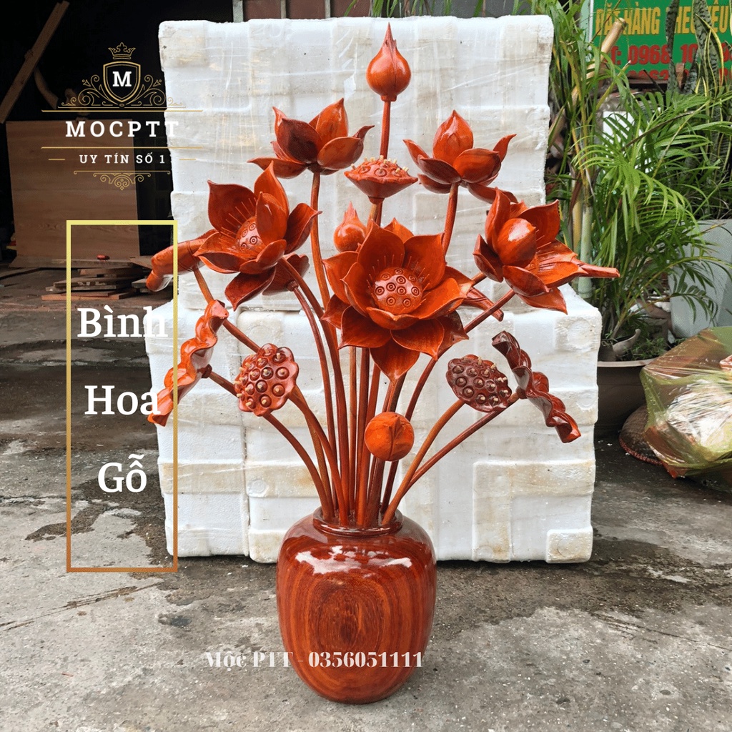 Bình Hoa Sen gỗ Hương đỏ Padouk nhập khẩu 11 13 15 17 Cành đồ trang trí , đồ thờ cúng