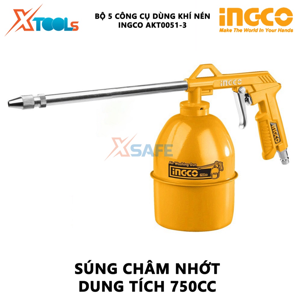 Bộ 5 công cụ dùng khí nén INGCO AKT0051-3 | dụng cụ xịt hơi 5 chi tiết gồm Dây hơi PU, Súng thổi khí, Súng phun sơn, Sún