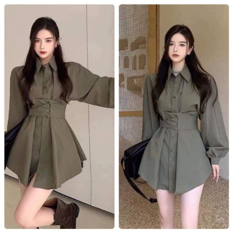 Áo sơmi eo bó cách điệu form dài + Quần short cùng mẫu