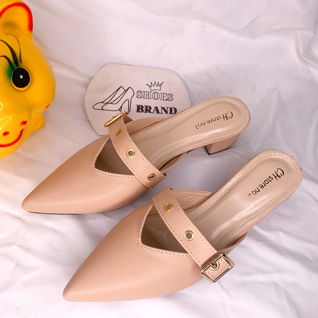 Sục mũi nhọn, giày cao gót nữ phối khóa vàng, đế vuông 5p - MÃ C07